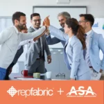 A group of business people giving each other high fives celebrating Repfabric joining ASA.