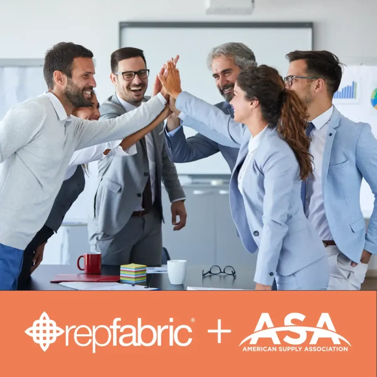 A group of business people giving each other high fives celebrating Repfabric joining ASA.